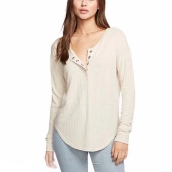 Chaser Tops - Chaser Size XL White Y2K Textured Waffle Knit Thermal Henley Long Sleeve Top